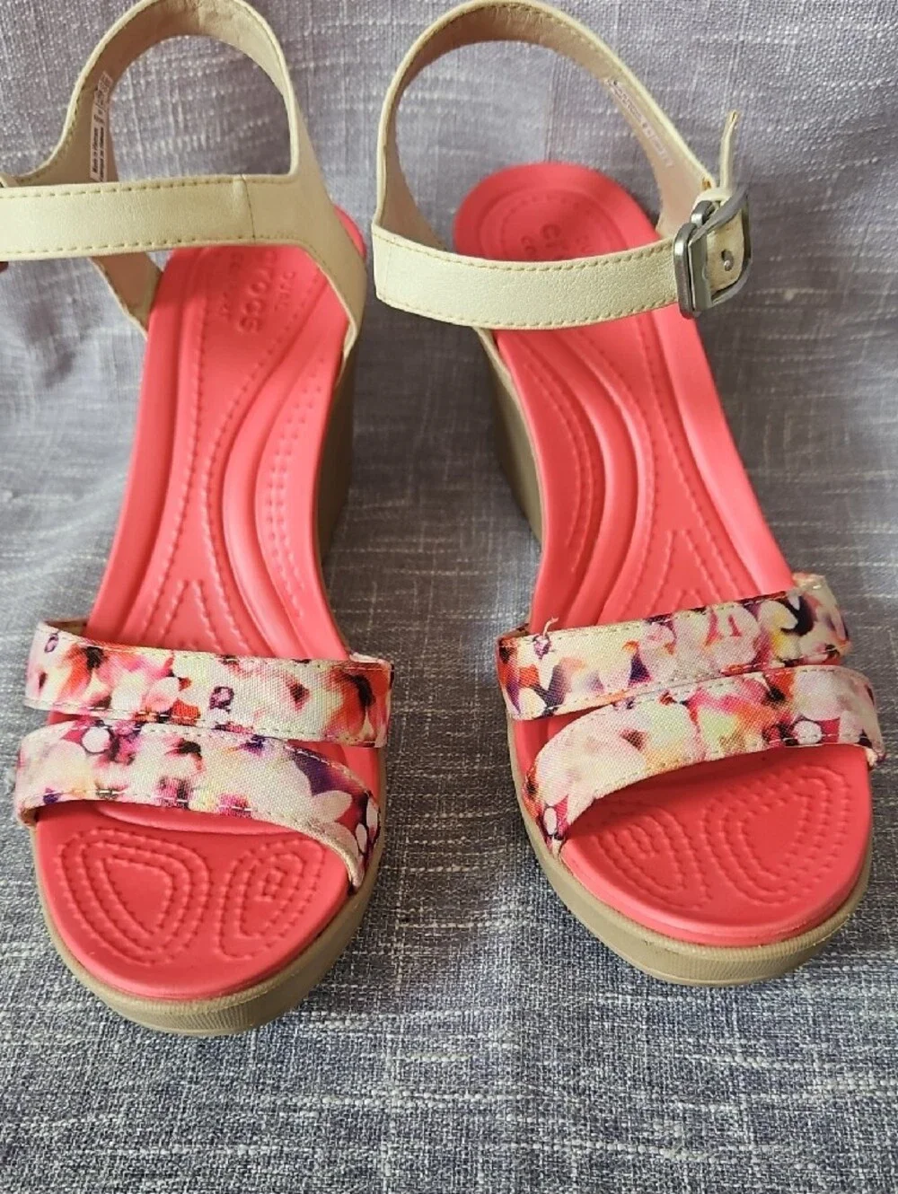 CROCS Pink Floral Wedge Sandals with Cream Ankle Strap